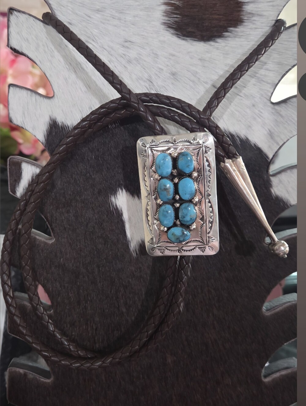 Navajo Made Turquoise Brown Leather Bolo Tie Necklace - Blue